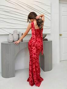 xheJemour Vestido de ajuste entallado con estampado de malla tejida para mujerxhe - Rojo - Ver 7