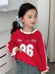 Dazy Kids Young Girl Round Neck Knit Fleece Printed Sweatshirt, Fall, Winter - Red - View 4