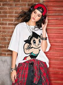 Astro Boy X ROMWE Casual Street Cartoon Figure Graphic Loose Fit Round Neck T-Shirt - White - View 1