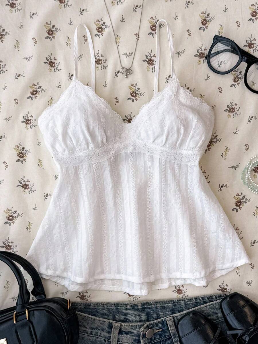 少女粉色蕾丝吊带背心，优雅纯色蕾丝花边吊带背心，适合夏季、度假、休闲、居家、BM 风格 - 白色 - 查看 1