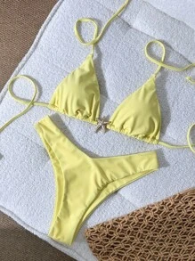 Swim Mod Conjunto de bikini de mujer con tirantes finos, unicolor y decoración metálica, sexy, para verano - Amarillo - Ver 2