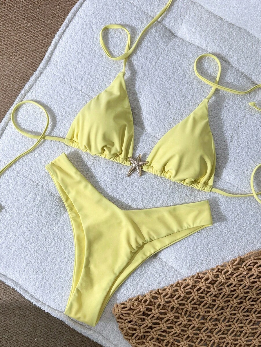 Swim Mod Conjunto de bikini de mujer con tirantes finos, unicolor y decoración metálica, sexy, para verano