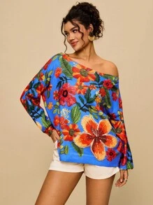 SHEIN VCAY Plus Size Casual Floral Print Off Shoulder Sweater Autumn Winter Clothes For Women - Multicolor - View 5