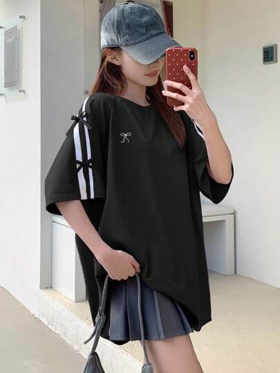 DAZY 女士丝带装饰蝴蝶结刺绣宽松短袖T恤超大T恤