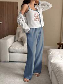 DAZY 3pcs/Set Contrast Color Cute Rabbit Print Cami Top & Button Placket Top & Solid Color Pants Women Pajama Set, Fall Winter Clothes - Dusty Blue - View 6