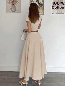 Siren Gaze 女士纯色单排扣短袖露脐上衣和半裙休闲两件套夏季 - 杏色 - 查看 4