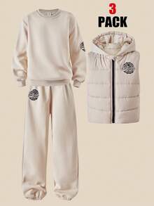 SHEIN Explorewe 男童休闲连帽衫、背心和运动裤三件套，连帽棉质背心、图案印花圆领运动衫和慢跑裤，适合运动、徒步旅行和户外穿着 - 卡其色 - 查看 4