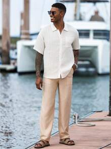 Manfinity Homme 男士休闲百搭纯色裤子米色男士休闲裤男士度假服男士西装腰带休闲裤夏季度假 - 卡其色 - 查看 3