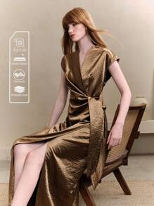 EMERY ROSE 女士纹理梭织面料扭褶设计腰部修身不对称领盖袖中长连衣裙，卡其色，女士办公室服装，女士约会夜服装，女士优雅连衣裙 - 咖啡 - 查看 7