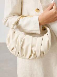 SHECARRY 女士时尚百搭简约褶饰手提包 - 米色 - 查看 5