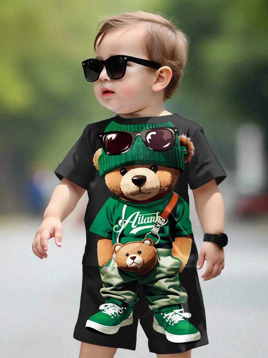 SHEIN Áo thun ngắn tay cổ tròn và quần short cho bé trai hoạt hình 2 cái/bộ Thích hợp cho mùa hè - màu đen - Xem 1