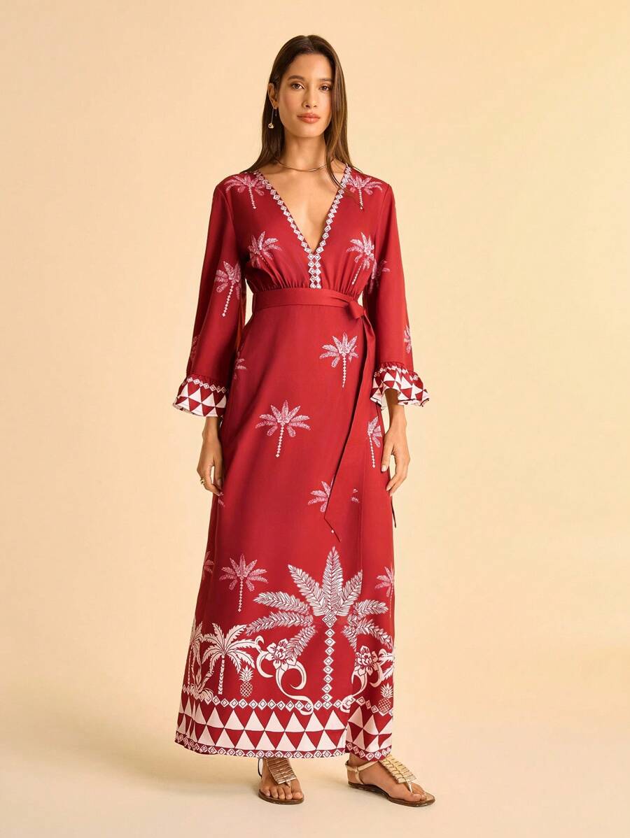 CAJUNI 女士休闲度假热带棕榈树印花深 V 领裹身系带长裙 - 紅色 - 查看 1
