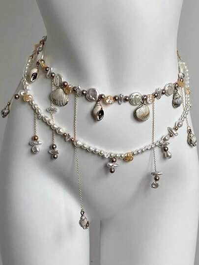 ROMWE 1 pieza Cadena para la cintura de estilo de vacaciones en la playa con perlas barrocas de doble capa, concha y borla