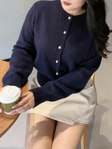 Dazy Plus Plus Size Women's Loose Fit Crew Neck Long Sleeve Cardigan Sweater, Dark Color Fall,Winter