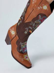 ROMWE Fairycore 女式秋季牛仔靴，一脚蹬，拼色，花卉刺绣细节，西部风格，户外休闲中筒靴