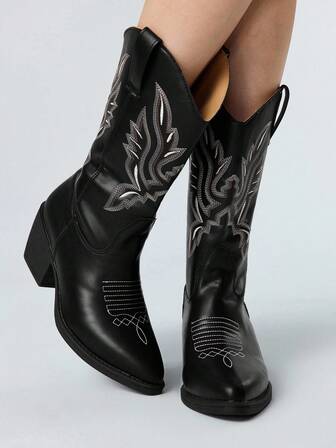 Fairycore Damen Spitze Goth Punk Rock Knöchelstiefel, schwarze bestickte Stiefel mit dickem Absatz, Schnallenverschluss, Western Cowboy Stiefel bis zur Wade, Halloween