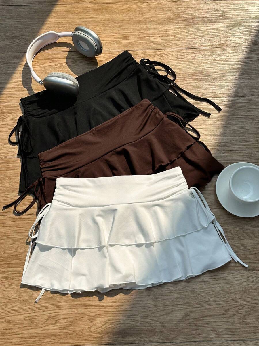 Attitoon 3 件套女士休闲简约褶皱腰 A 字裙，黑色、白色、棕色，适合音乐会、游轮、俱乐部，适合外出 - 彩色 - 查看 1