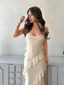 Jemour Lãng Mạn Ngày Phong Cách Spaghetti Dây Đeo Cổ Ôm Sát Đầm Có Viền Ruffle Trang Trí, Xuân/Hè - Màu be - Xem 5