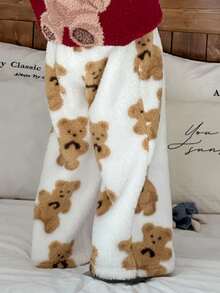 DAZY Young Girl Bear Print Fluffy Pants, Winter Loungewear Thermal Lined - White - View 5