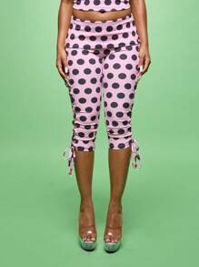 SUMWON WOMEN Leggings capri con cordones laterales de estilo retro, cintura alta con estampado de lunares, ajuste ceñido, ropa de calle, ropa de fiesta, pantalones de fiesta, ropa de noche, moda de declaración