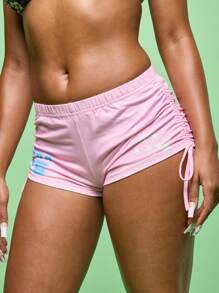 SUMWON WOMEN Booty Sport Shorts High Waist Side Drawstring Ruched Shorts For Festival Beach Lounge Casual Running Apparel - Pink - View 1