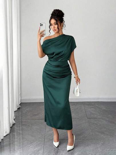 SHEIN PETITE Wedding Guest Dress Fall Dresses Women's Short Satin Draped Neck Asymmetrical Shoulder Asymmetric Pleated Waist Slim A-Line Dress, Summer SummerHoliday Sunny Journey Vacay Vibes Summer Dress Green Satin Dress