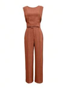 INAWLY Bộ đồ 2 món áo hai dây và quần dài trơn màu dành cho nữ, Xuân/Hè - Màu Khaki - Xem 3