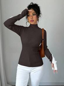 Selianne Suéter de punto minimalista con cuello alto y bloques de color, jersey de punto para otoño e invierno - Café integral - Ver 4