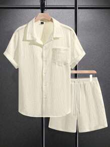 Manfinity RSRT Bộ đồ đi biển nam ngắn tay bằng vải lanh pha cotton họa tiết, cổ , cài nút màu tương phản, áo sơ mi và quần short, bộ đồ vải lanh 2 món cho nam, trang phục nghỉ dưỡng mùa hè, trang phục ấm áp - Màu be - Xem 3