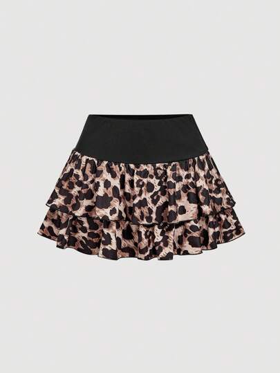 SHEIN MOD 女式夏季时尚街头度假风格双层荷叶边下摆豹纹裙裤