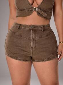 SHEIN Unity Plus Size Women's Stretchy Fitted Shorts, Summer - Brown - View 6