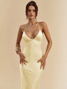 SHEIN BAE 杏色和白色深V领细肩带超长露背系带缎面美人鱼连衣裙，优雅连衣裙，度假连衣裙，伴娘连衣裙，生日派对连衣裙，毕业礼服，白色连衣裙 - 黃色 - 查看 7