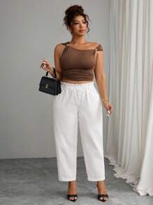 Elenzga Plus Size Casual Versatile Solid Color Tapered Jeans - White - View 5