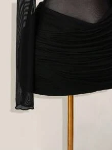 SHEIN ICON Mesh Patchwork Sheer Ruched Long Sleeve Mini Dress Black Sheer Dress - Black - View 3