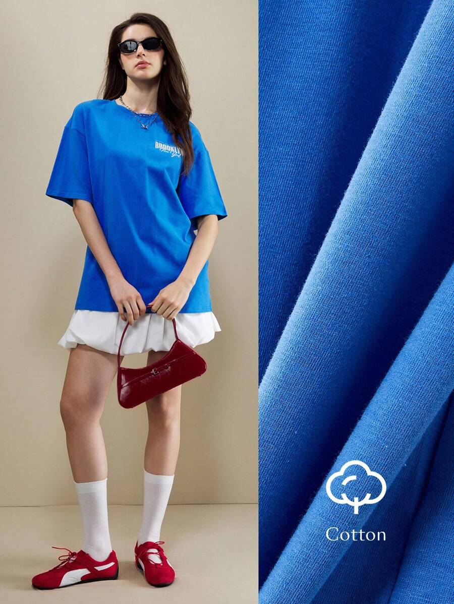 SHEIN Unity 女式图案T恤,纯色圆领短袖T恤,女士时尚夏季服装 - 藍色 - 查看 1