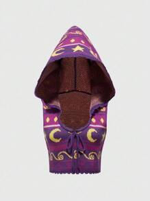 女式复古嬉皮女巫神秘连帽条纹提花太阳和月亮印花无袖针织上衣 - 紫色 - 查看 5