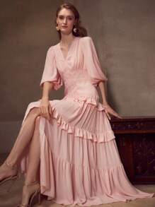 MOTF Soiréza FLOWY LANTERN SLEEVE LONG DRESS WITH WATER-SOLUBLE LACE - Pink - View 1