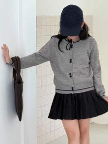 Dazy Kids 少女蝴蝶结装饰长袖单排扣休闲宽松开衫 - 灰色 - 查看 4