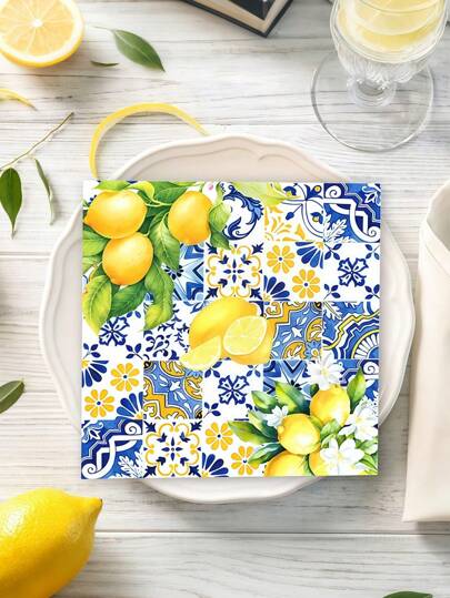 20PCS Blue Tile Lemon Paper Napkins Summer Fruit Disposable Napkins Lemon Print Decorative Napkins Suitable For Party Supplies Table Decorations