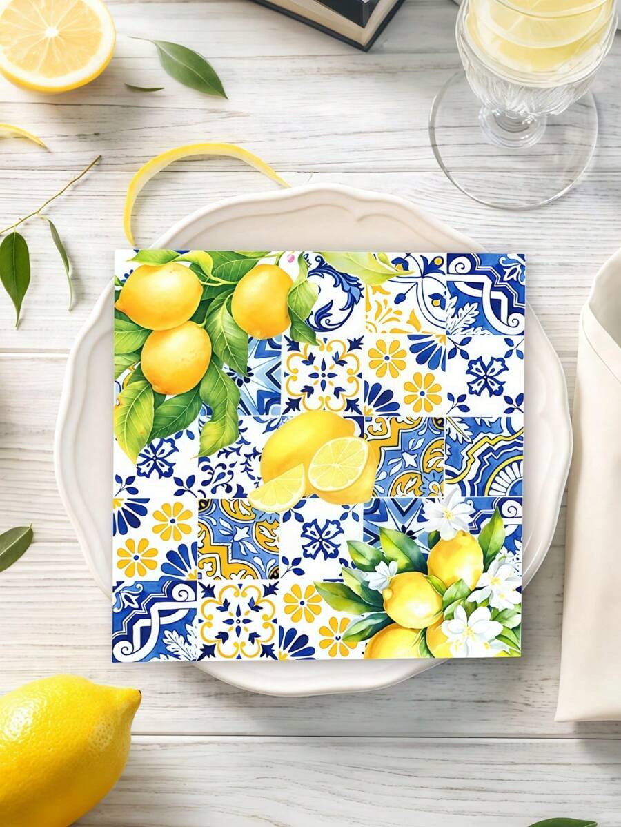 20PCS Blue Tile Lemon Paper Napkins Summer Fruit Disposable Napkins Lemon Print Decorative Napkins Suitable For Party Supplies Table Decorations - Multicolor - View 1