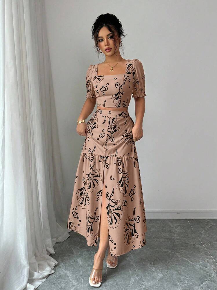 Elenzga Conjunto de 2 piezas con blusa de manga corta con diseño de puño y estampado floral + falda con abertura en el bajo, elegante para vacaciones y uso diario - Marrón - Añade 7