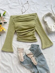 Soleia Áo thun nữ tay loe trễ vai màu trơn thời trang xếp nếp - Nhiều màu - Xem 4