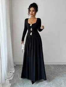 Elenzga 女士金属装饰甜心领长袖荷叶边优雅连衣裙 - 黑色 - 查看 7