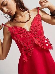Bohemela Đầm midi không tay thêu bướm họa tiết ren trơn màu phong cách Boho Beach thanh lịch dành cho nữ - Đỏ - Xem 3
