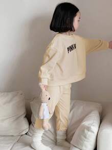 Dazy Kids 2件套女童圆领字母印花套装，秋季 - 杏色 - 查看 1