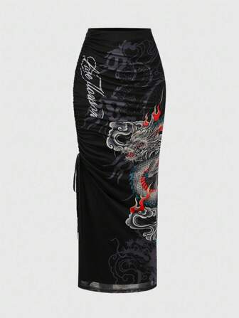 Grunge Punk Y2K Babe Drachen Tattoo Muster Maxirock mit gespaltenen Saum und figurbetonter Passform