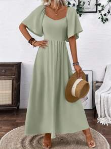 Clasi Breezaya 女式绿色波西米亚风方形优雅领口浪漫毕业生日礼服音乐会服装海滩女士服装泡泡袖露背蝴蝶结连衣裙带蝴蝶结春夏超长度假柔软面料荷叶边袖长裙 - 綠色 - 查看 3