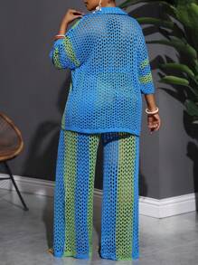 SHEIN CURVE+ New Fashion Vacation Casual Hollow Out Collarless Long Sleeve Cardigan + Wide Leg Pants Blue-Green Striped 2 Pieces Knit Sweater Set, Plus Sizefall Clothes For Women,Winter,CURVE PLUS Autumn - Multicolor - View 2