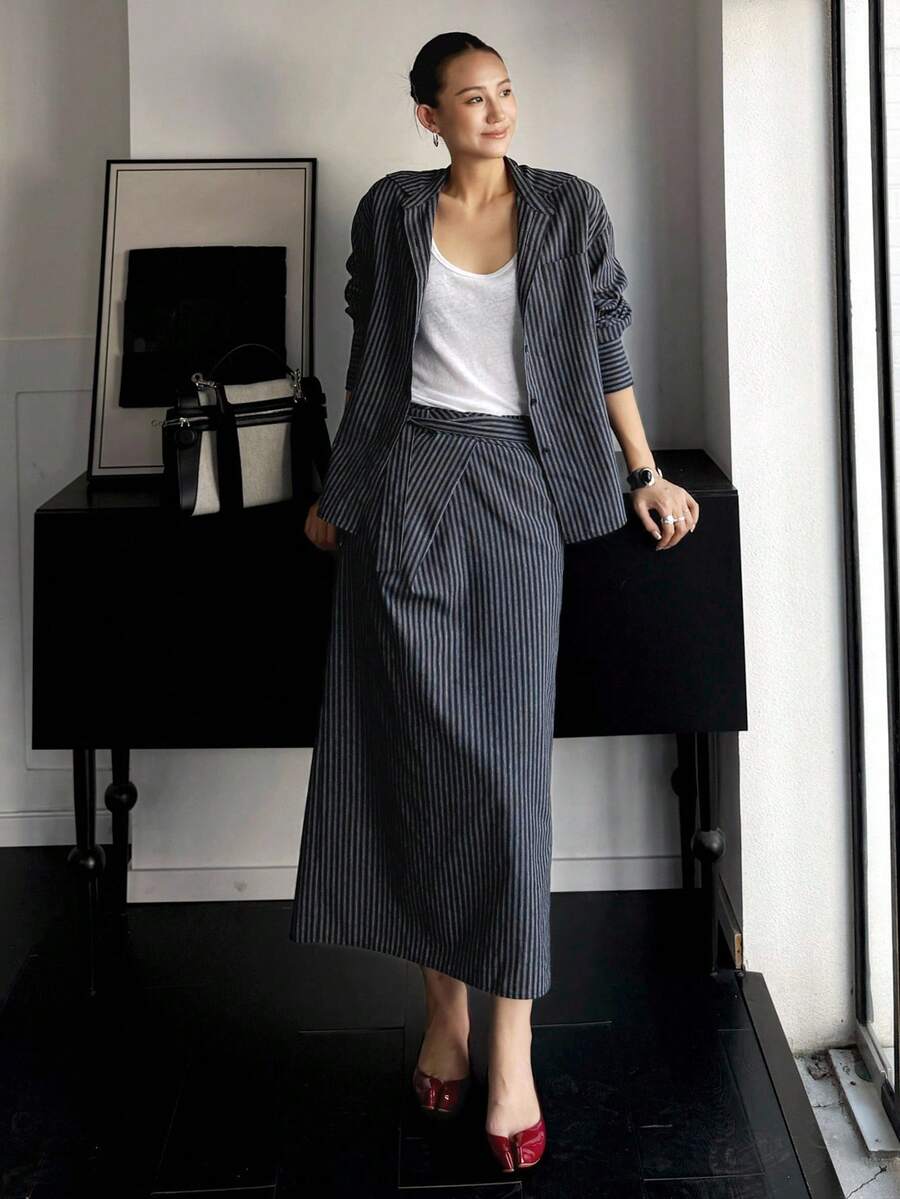 Livesso Women's Casual Striped Shirt And Mini Skirt 2 Pieces Set - Multicolor - View 1