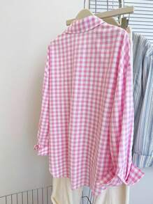 INAWLY Camisa casual de mujer de manga larga, de un solo pecho, con hombros caídos y estampado de cuadros, para verano - Rosa - Ver 2